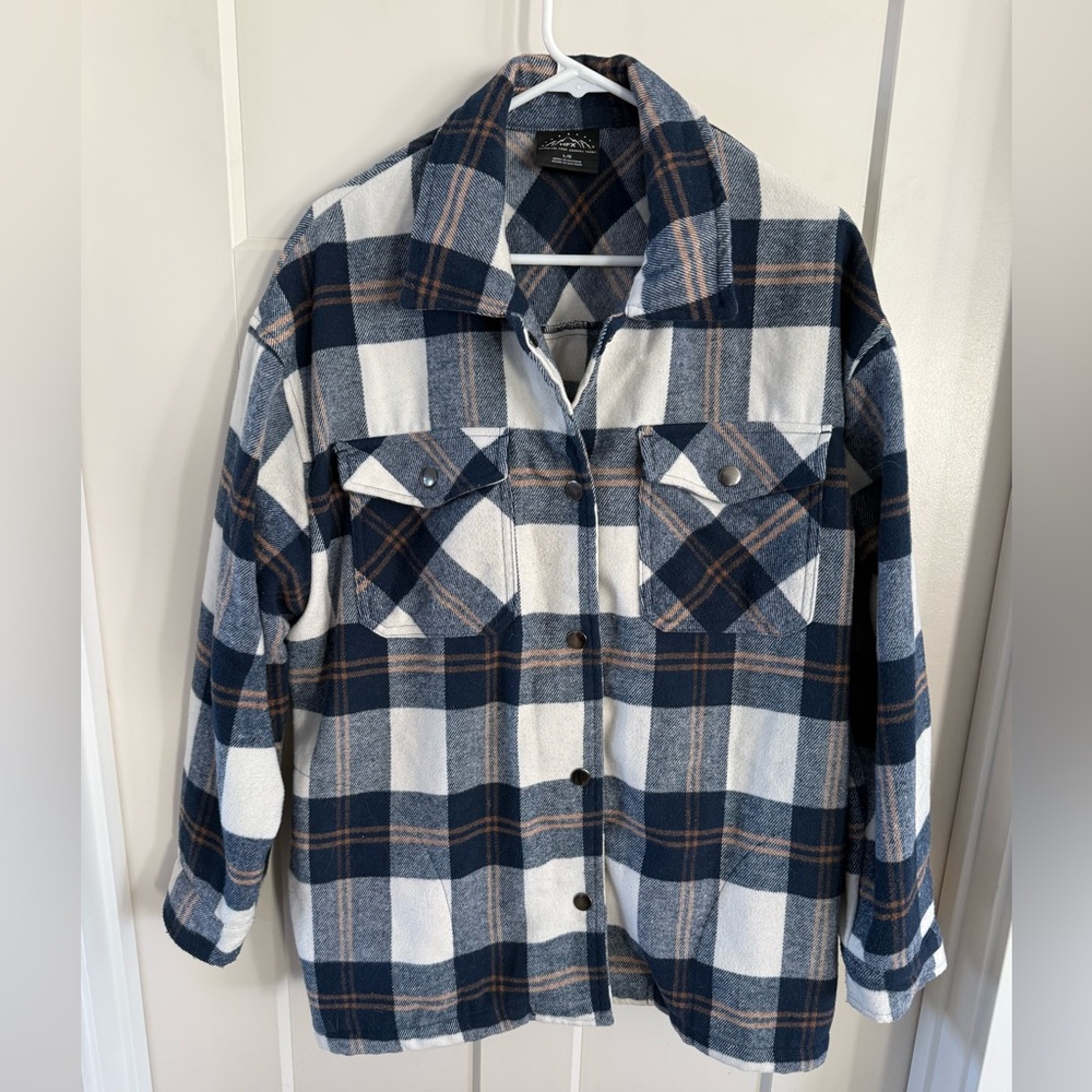 Men's Blue and White Plaid Shirt Jacket
